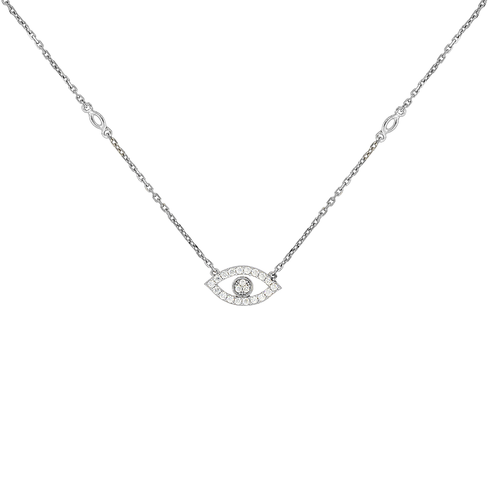 Sterling Silver Cubic Zirconia Evil Eye Necklace, 18 inches long + 1 in extension