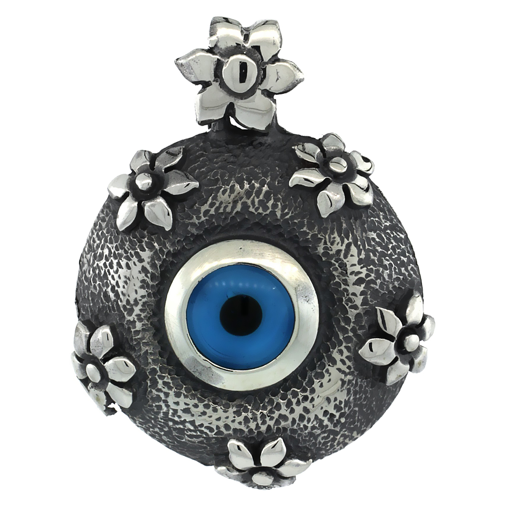 Sterling Silver Evil Eye Pendant Navy Blue Color Hammered Flower Motif 1 inch