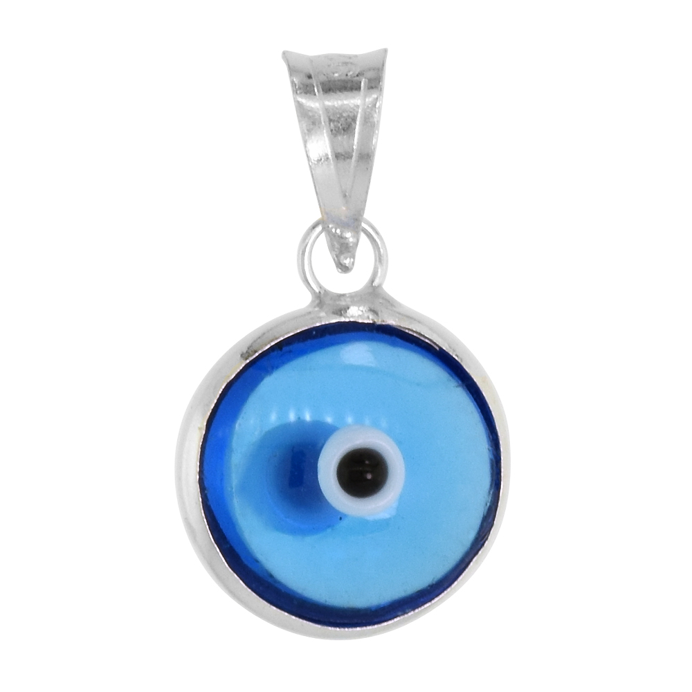 Sterling Silver Evil Eye Pendant Light Clear Blue Color, 3/8 inch wide