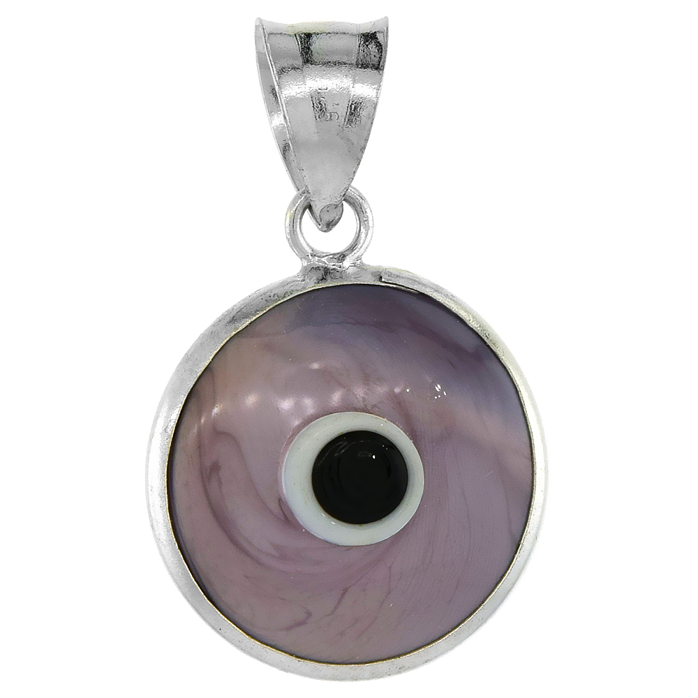 Sterling Silver Evil Eye Pendant Light Purple Color, 5/8 inch wide 