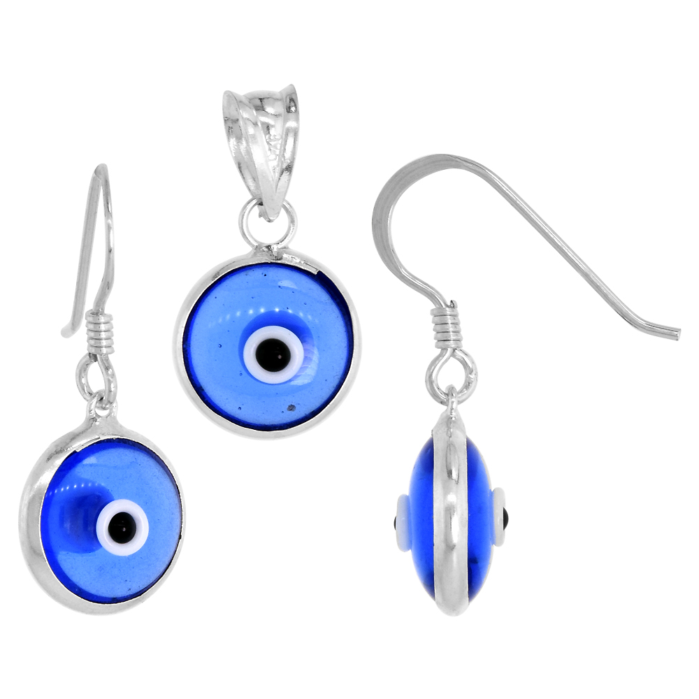 Sterling Silver Evil Eye Pendant &amp; Earrings Set Tanzanite Blue Color