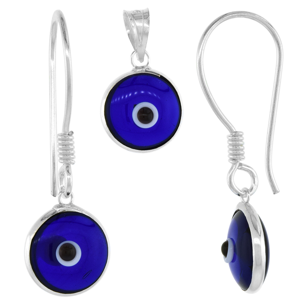 Sterling Silver Evil Eye Pendant & Earrings Set 10 MM Glass Eyes Available in All Colors