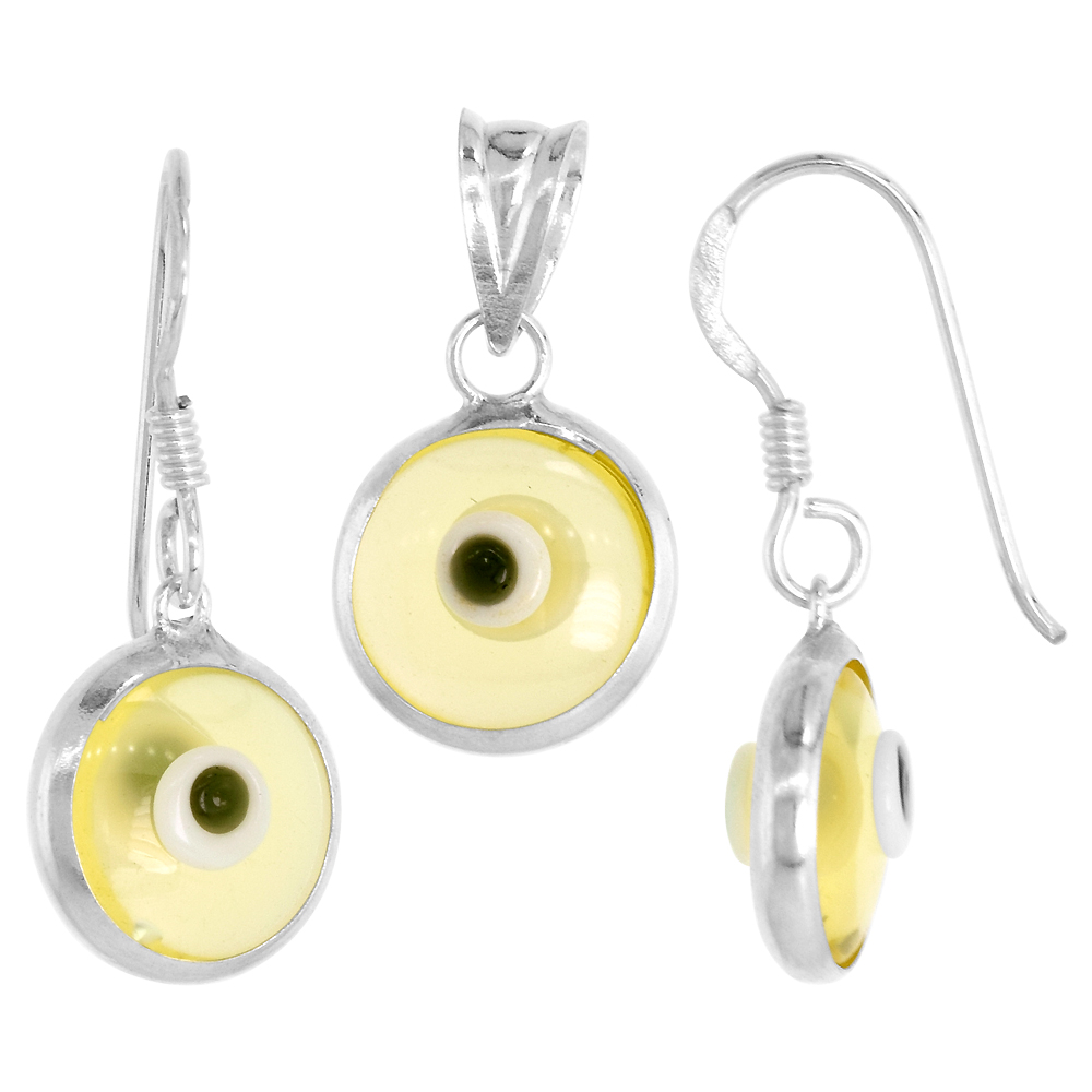 Sterling Silver Evil Eye Pendant & Earrings Set Clear Yellow Color