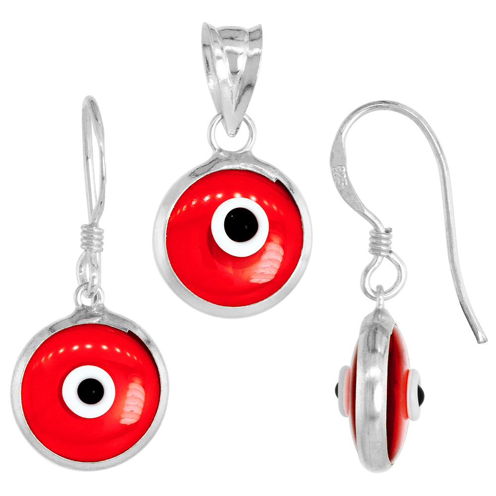 Sterling Silver Evil Eye Pendant &amp; Earrings Set Clear Ruby Red Color