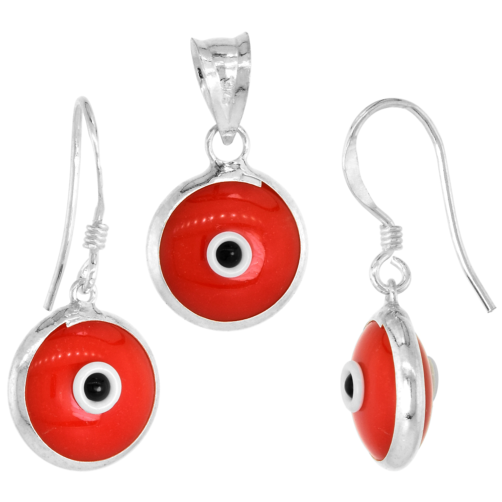 Sterling Silver Evil Eye Pendant & Earrings Set Red Color