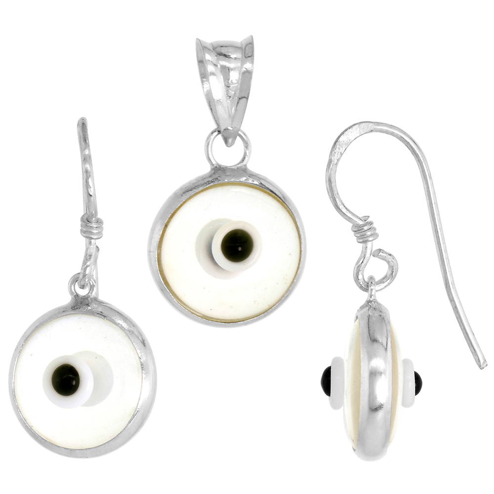 Sterling Silver Evil Eye Pendant & Earrings Set Clear Colorless