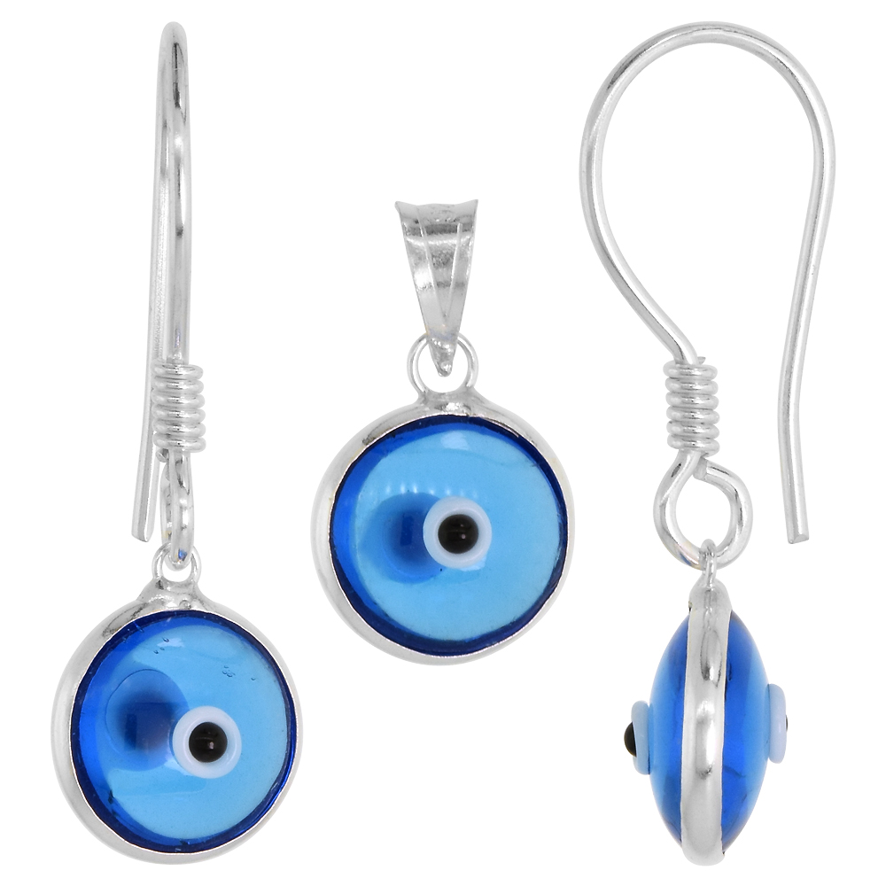 Sterling Silver Evil Eye Pendant &amp; Earrings Set Clear Light Blue Color, 3/8 inch wide