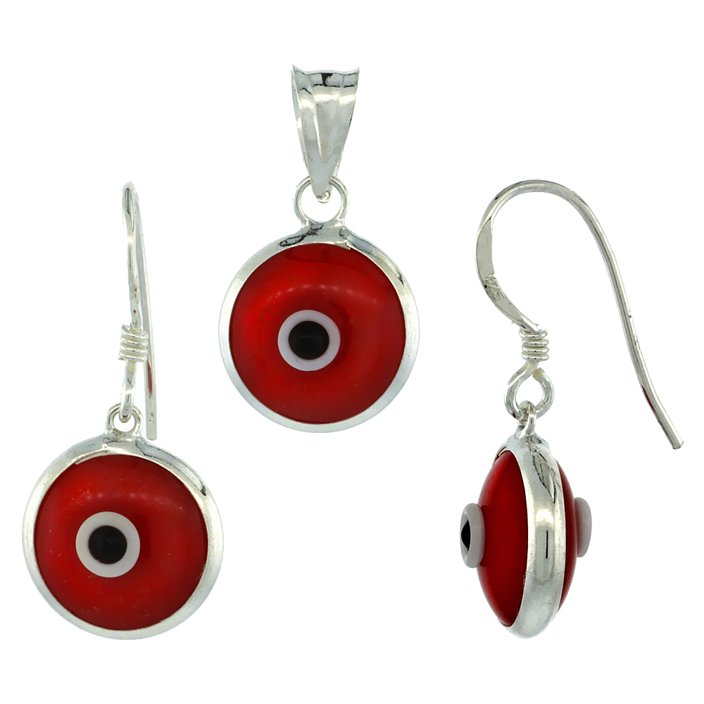 Sterling Silver Evil Eye Pendant &amp; Earrings Set Red Color