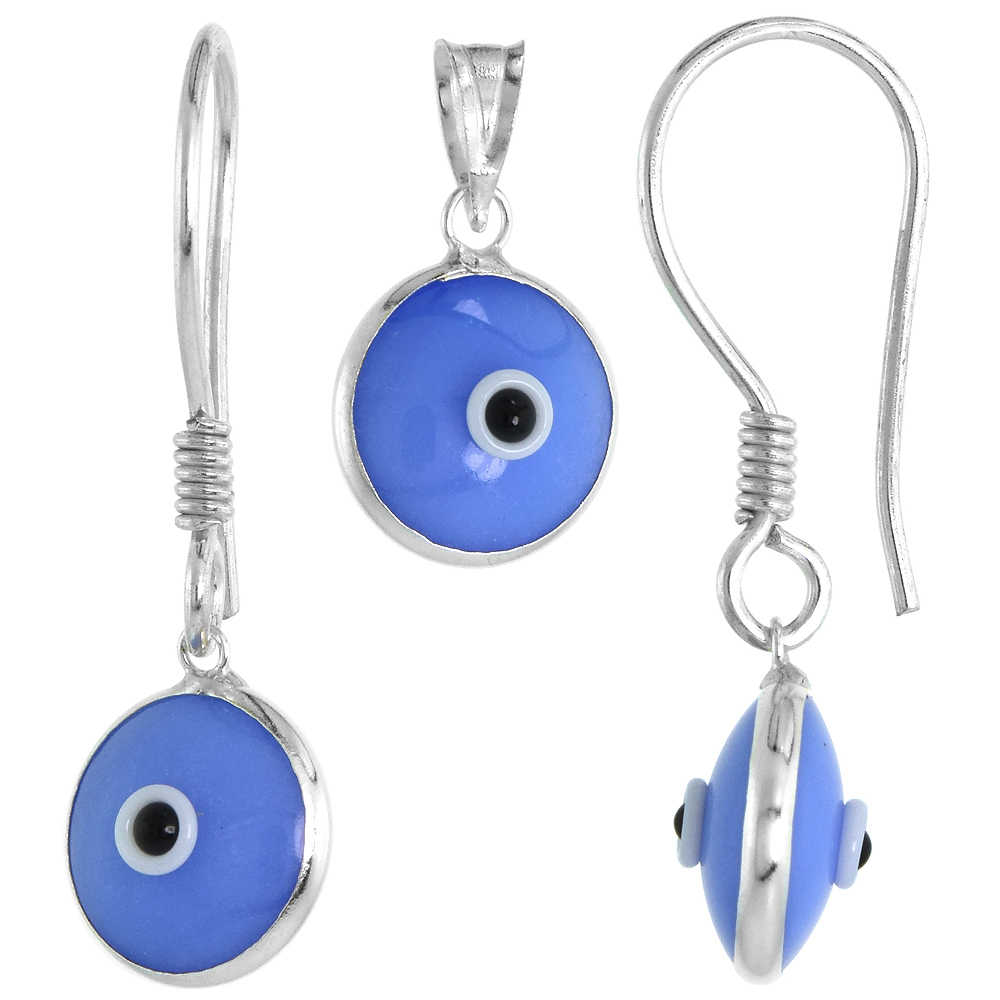 Sterling Silver Evil Eye Pendant & Earrings Set Denim Blue Color