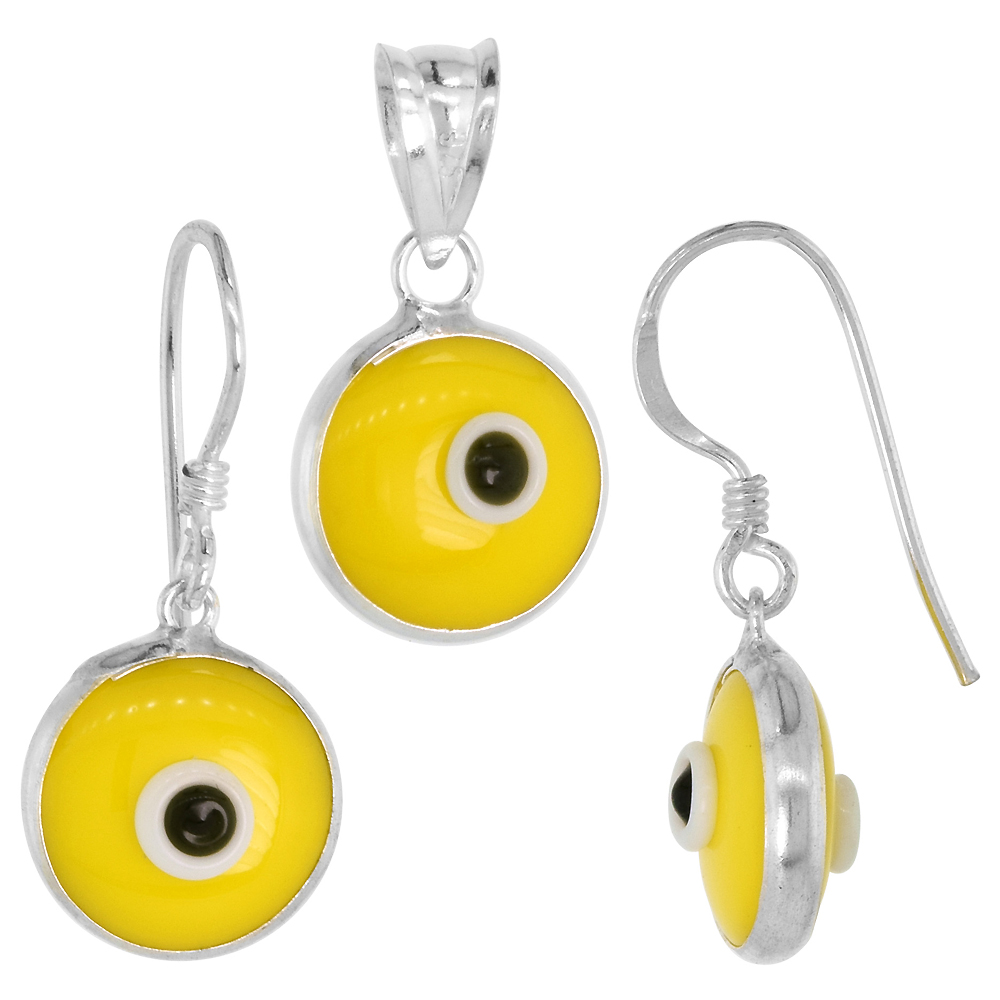 Sterling Silver Evil Eye Pendant & Earrings Set Yellow Color