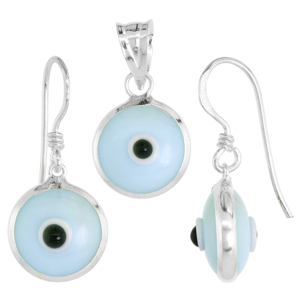 Sterling Silver Evil Eye Pendant &amp; Earrings Set Sky Blue Color