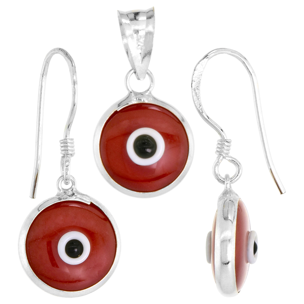 Sterling Silver Evil Eye Pendant & Earrings Set Burgundy Color