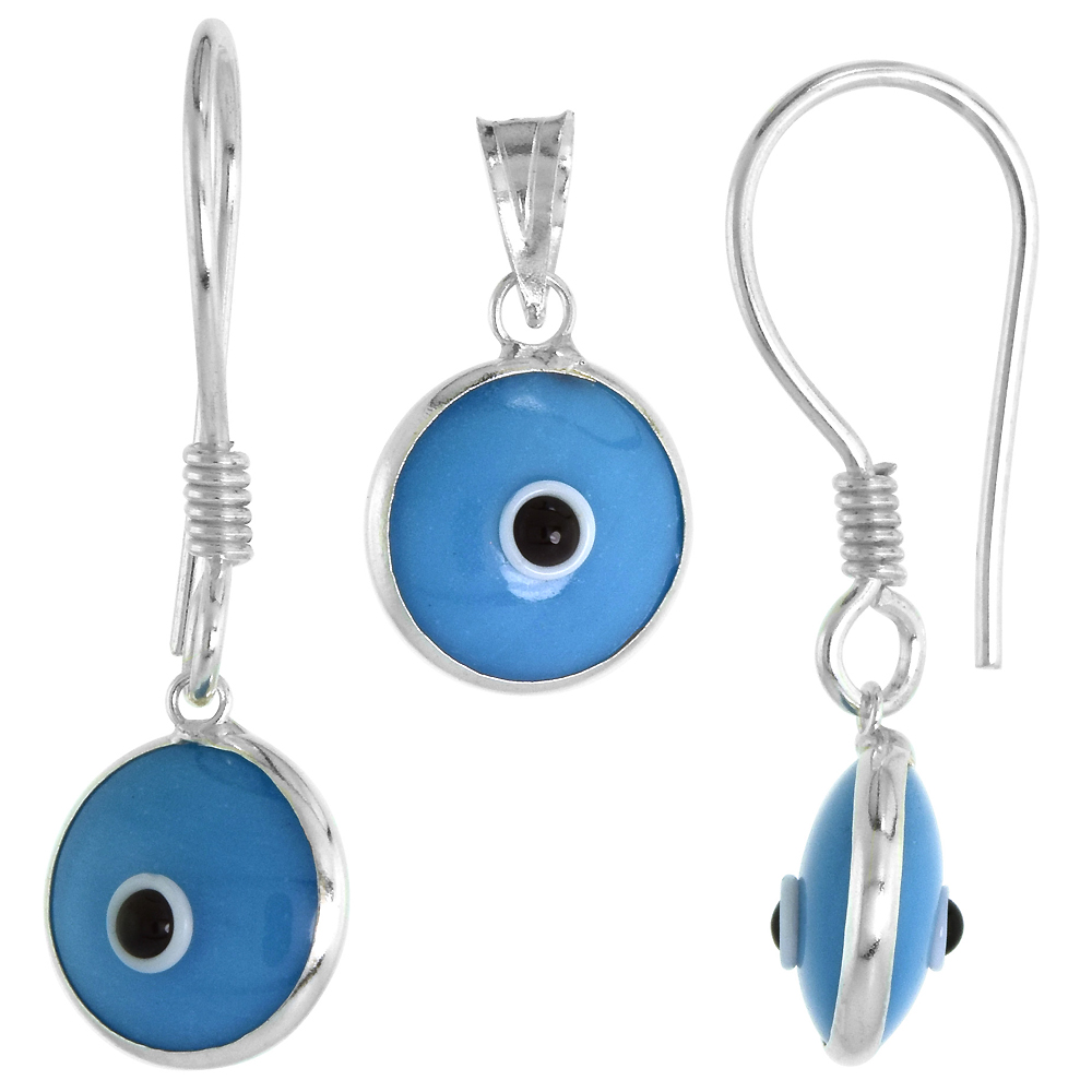 Sterling Silver Evil Eye Pendant & Earrings Set Turquoise Color