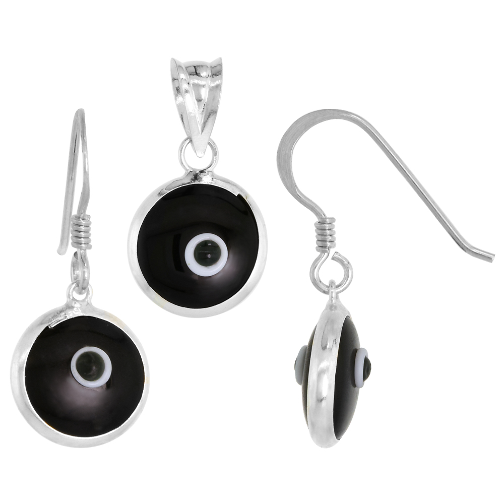Sterling Silver Evil Eye Pendant & Earrings Set Black Color, 7/16 inch wide