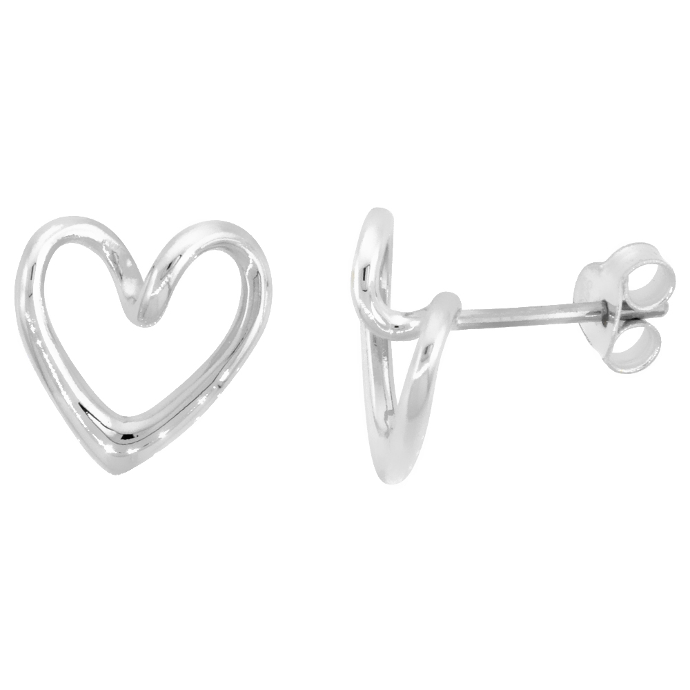 STERLING SILVER FLOATING HEART STUD EARRINGS FOR WOMEN FLAWLESS POLISHED FINISH 1/2 INCH WIDE