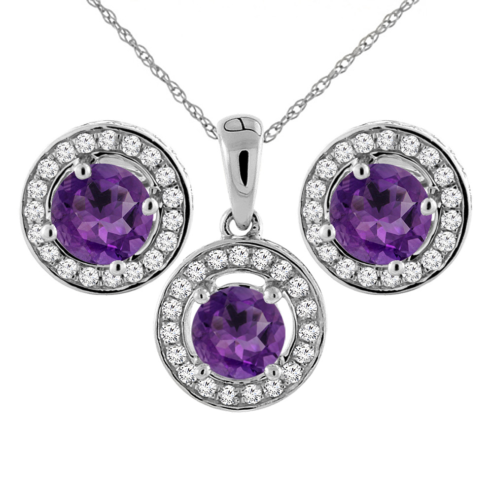 14K White Gold Natural Amethyst Earrings and Pendant Set with Diamond Halo Round 5 mm