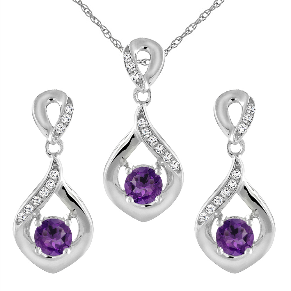 14K White Gold Natural Amethyst Earrings and Pendant Set with Diamond Accents Round 4 mm