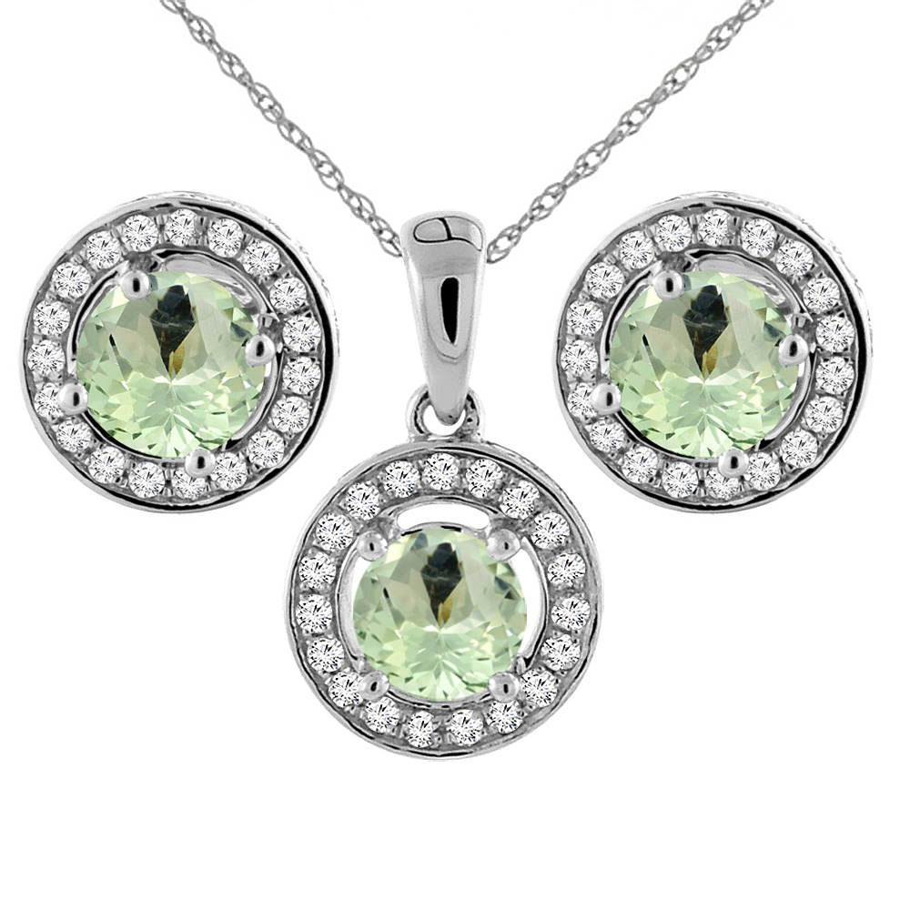14K White Gold Natural Green Amethyst Earrings and Pendant Set with Diamond Halo Round 5 mm