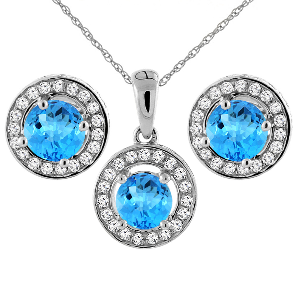 14K White Gold Natural Swiss Blue Topaz Earrings and Pendant Set with Diamond Halo Round 5 mm