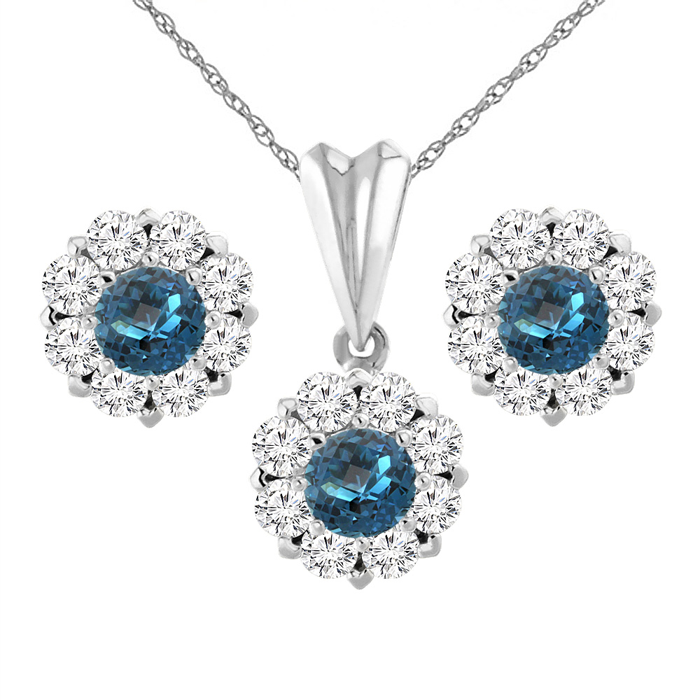 14K White Gold Natural London Blue Topaz Earrings and Pendant Set with Diamond Halo Round 6 mm