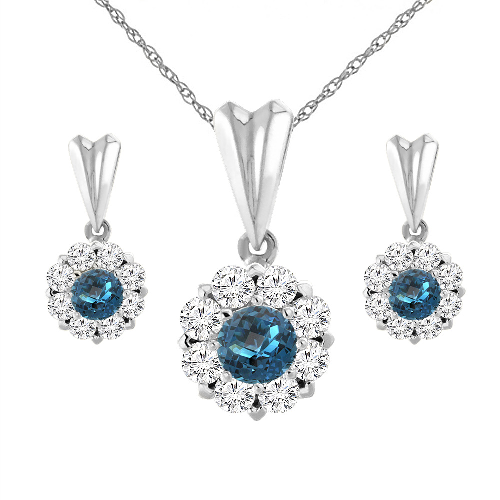 14K White Gold Natural London Blue Topaz Earrings and Pendant Set with Diamond Halo Round 4 mm