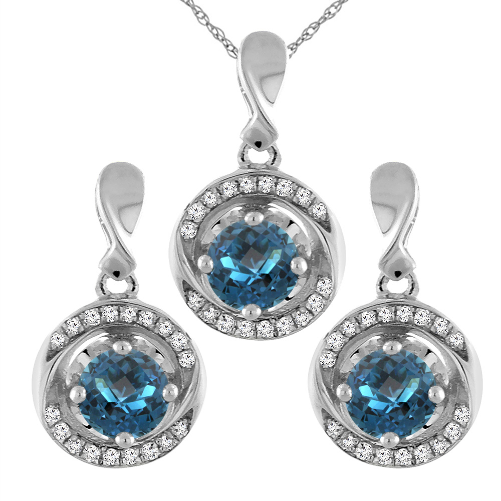 14K White Gold Natural London Blue Topaz Earrings and Pendant Set with Diamond Accents Round 4 mm