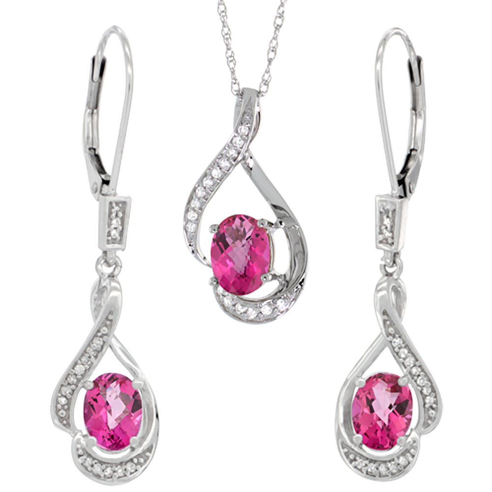 14K White Gold Diamond Natural Pink Sapphire Lever Back Earrings &amp; Necklace Set Oval 7x5mm, 18 inch long