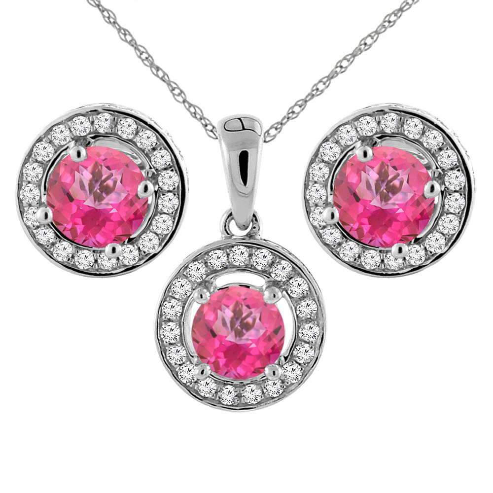 14K White Gold Natural Pink Topaz Earrings and Pendant Set with Diamond Halo Round 5 mm