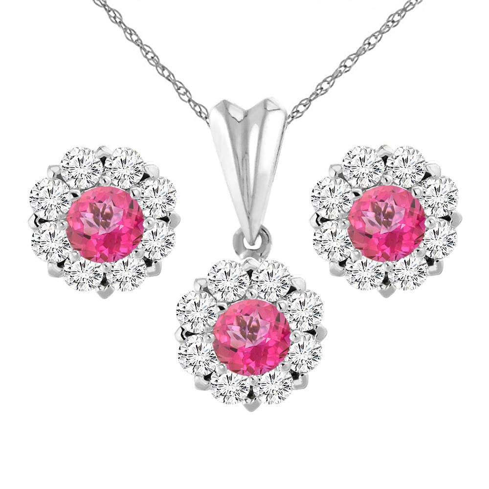 14K White Gold Natural Pink Topaz Earrings and Pendant Set with Diamond Halo Round 6 mm