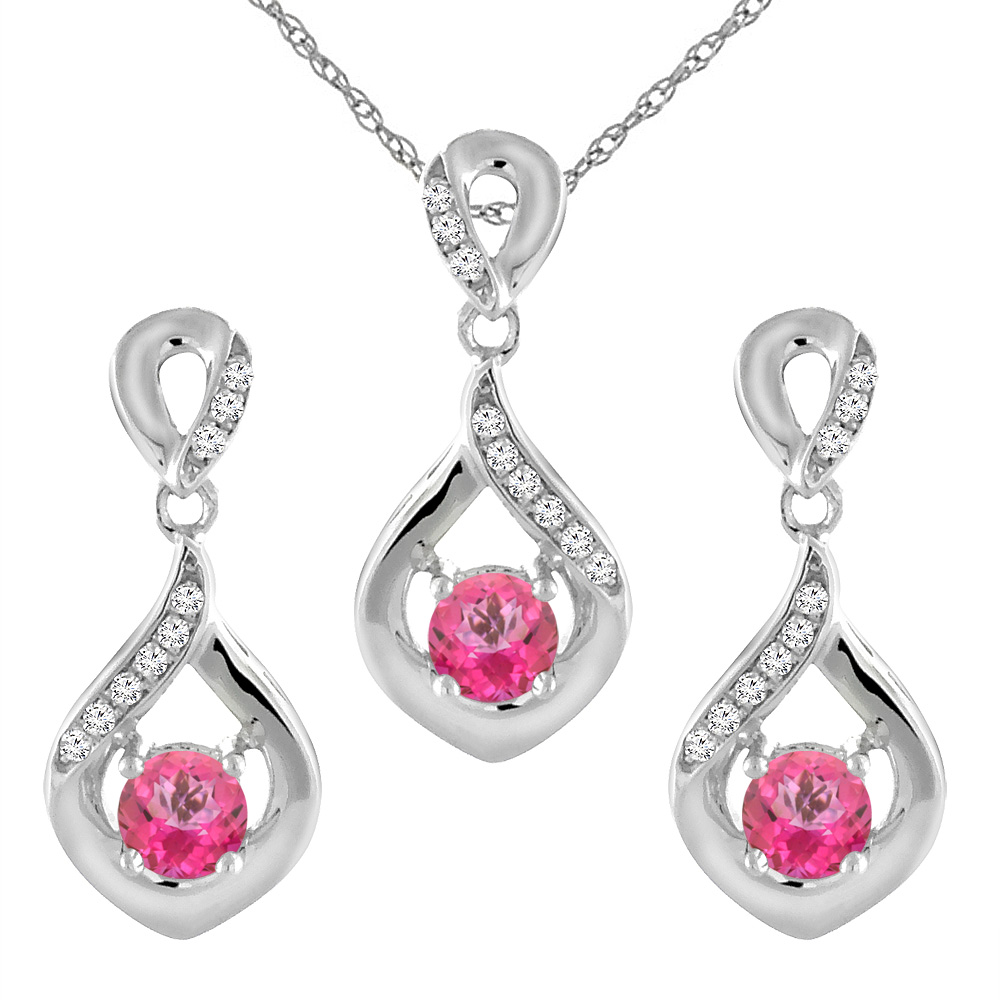 14K White Gold Natural Pink Topaz Earrings and Pendant Set with Diamond Accents Round 4 mm