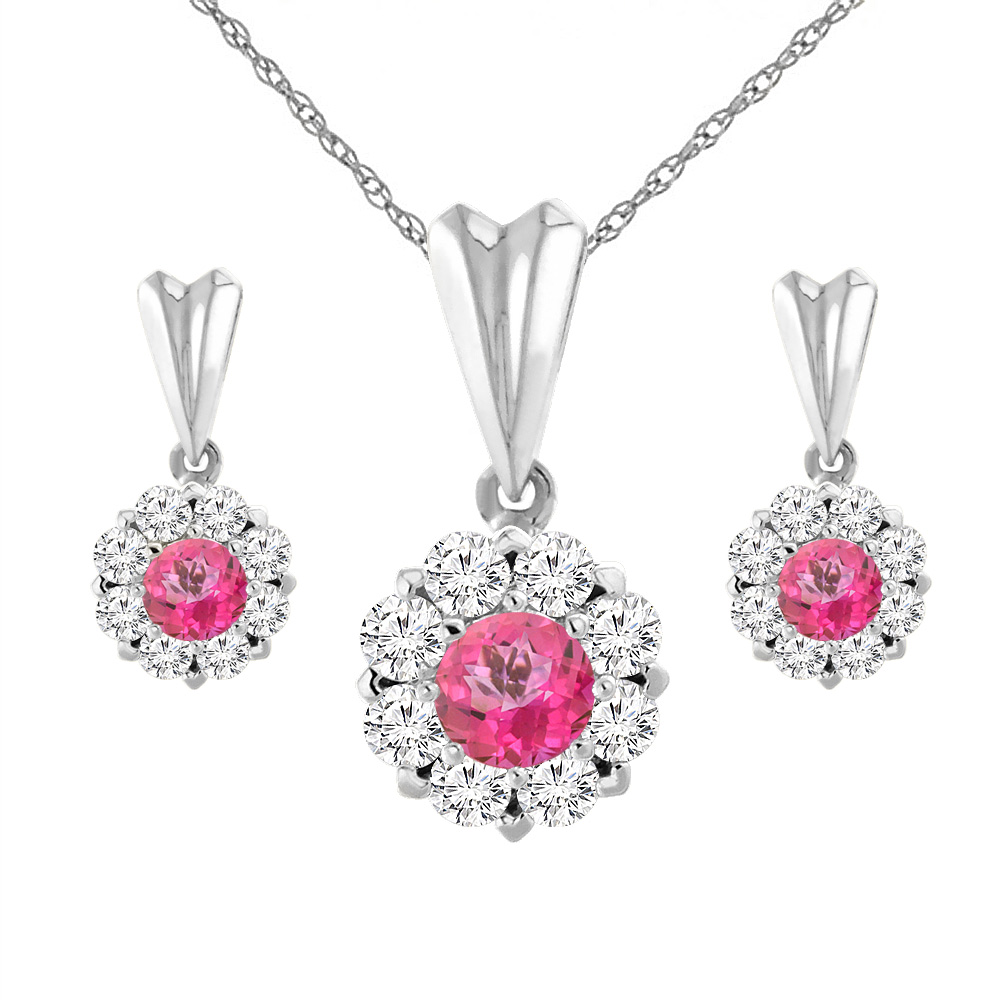 14K White Gold Natural Pink Topaz Earrings and Pendant Set with Diamond Halo Round 4 mm