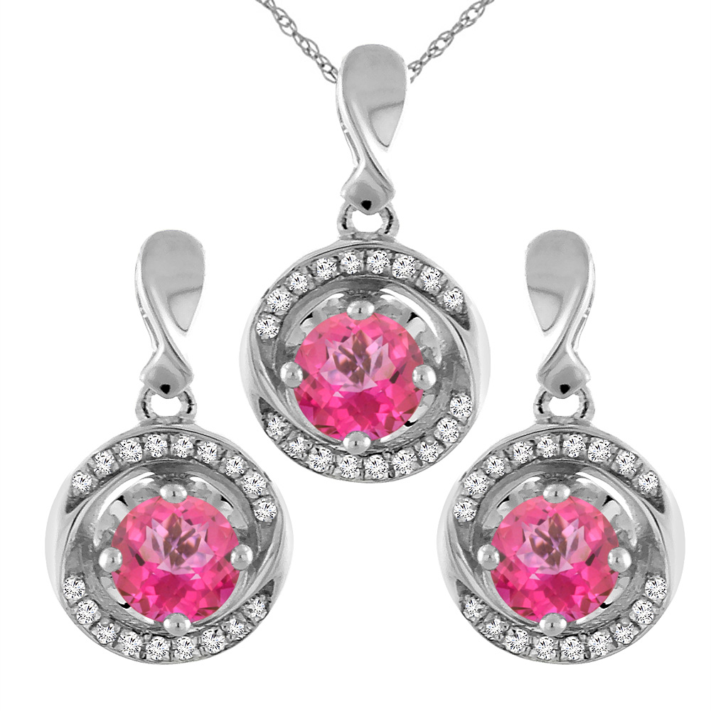 14K White Gold Natural Pink Topaz Earrings and Pendant Set with Diamond Accents Round 4 mm