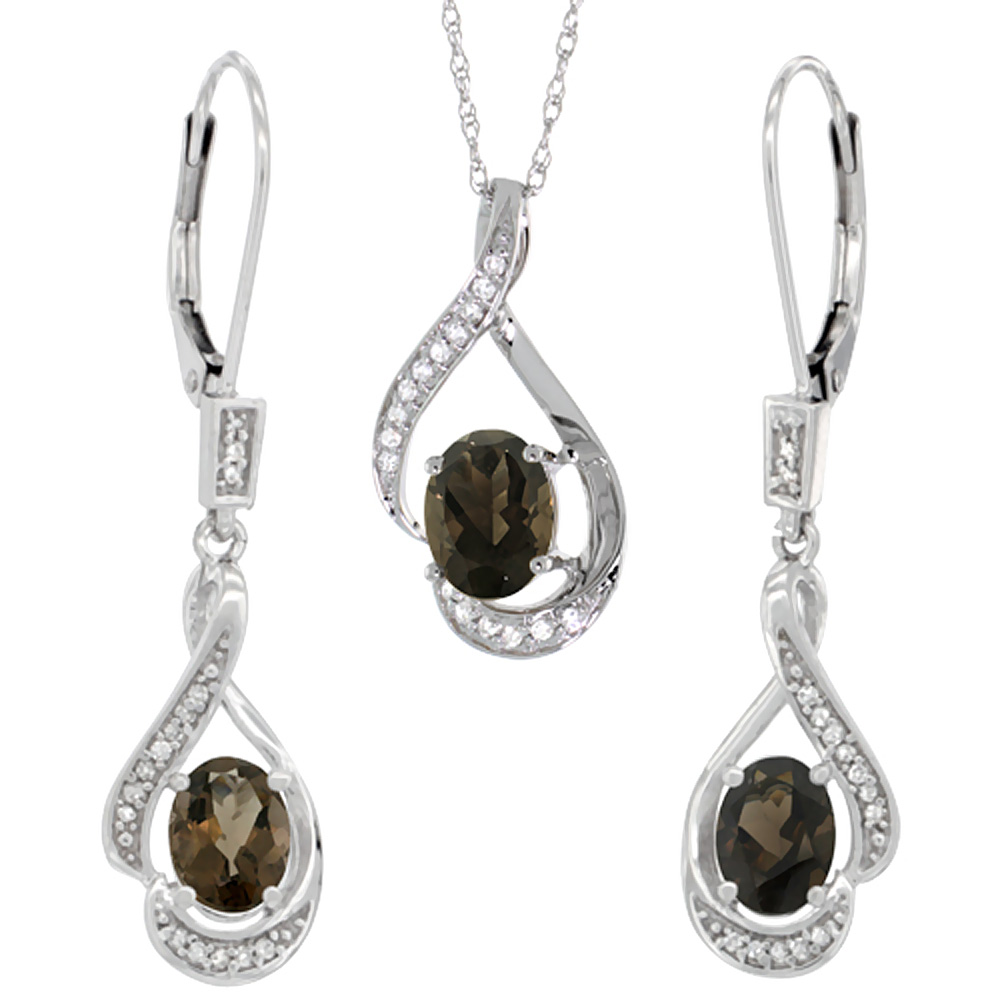14K White Gold Diamond Natural Smoky Topaz Lever Back Earrings &amp; Necklace Set Oval 7x5mm, 18 inch long