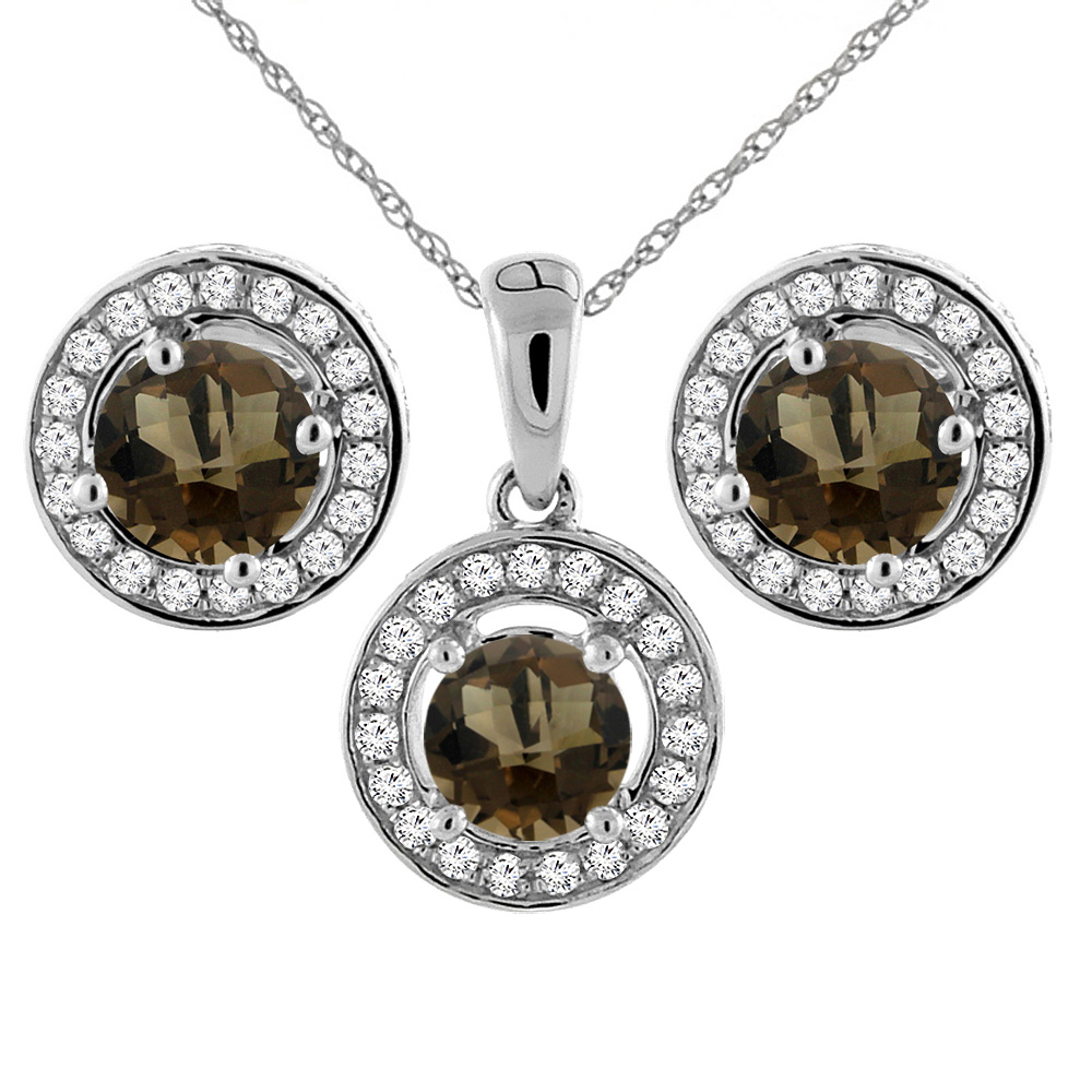 14K White Gold Natural Smoky Topaz Earrings and Pendant Set with Diamond Halo Round 5 mm
