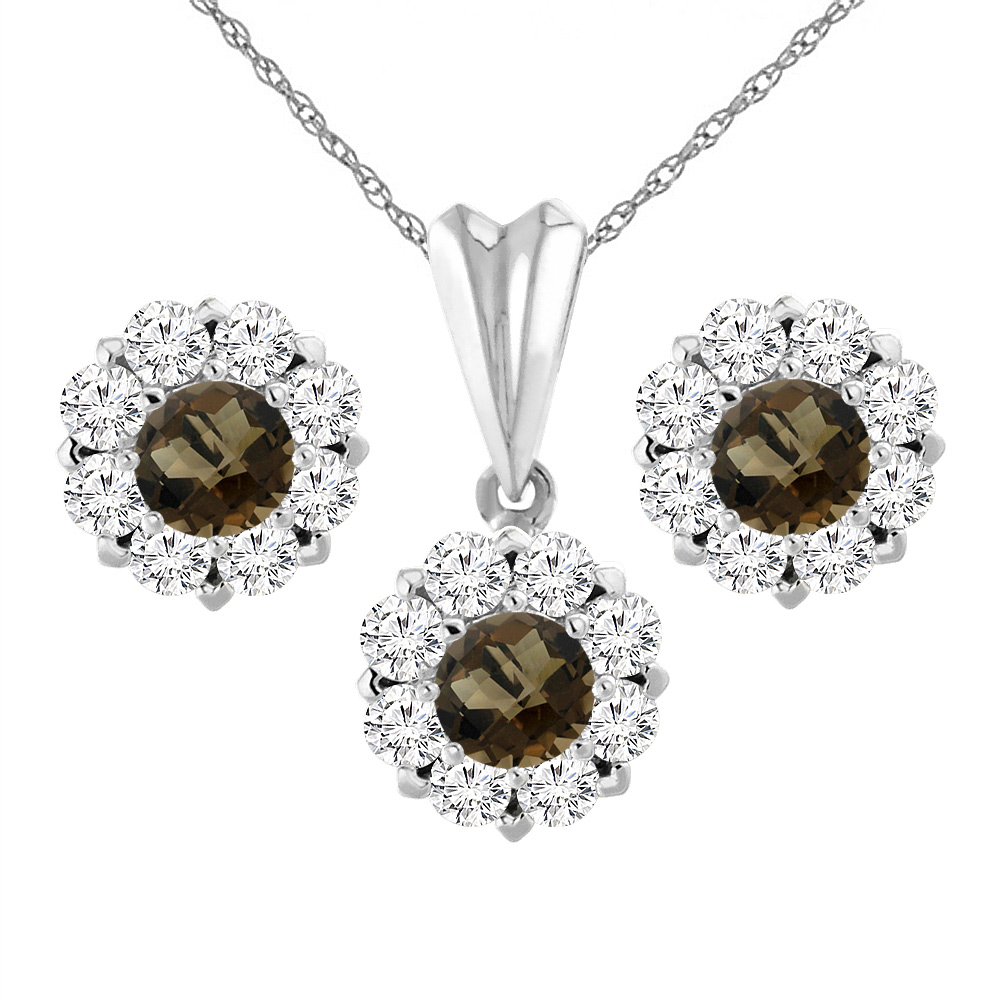 14K White Gold Natural Smoky Topaz Earrings and Pendant Set with Diamond Halo Round 6 mm