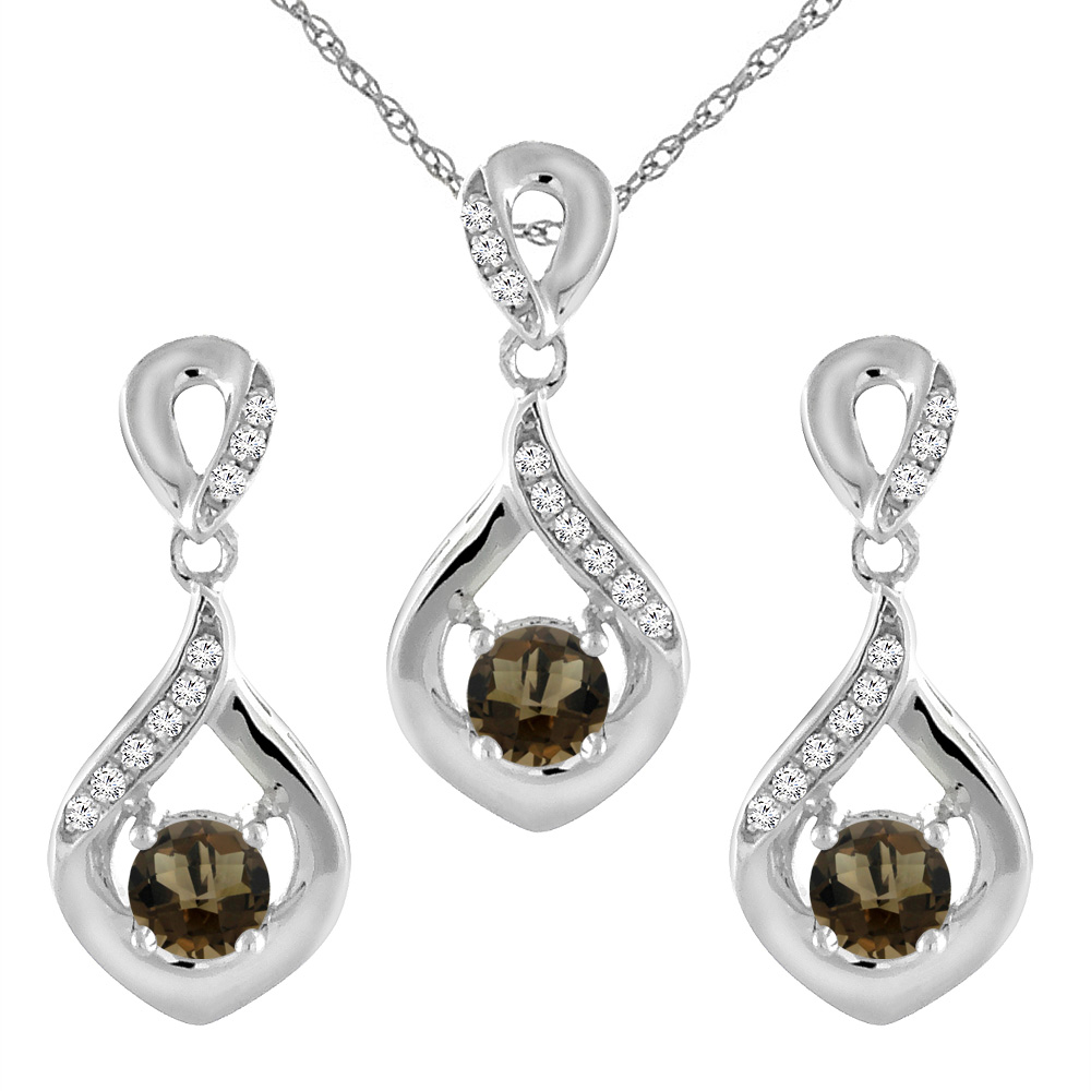 14K White Gold Natural Smoky Topaz Earrings and Pendant Set with Diamond Accents Round 4 mm