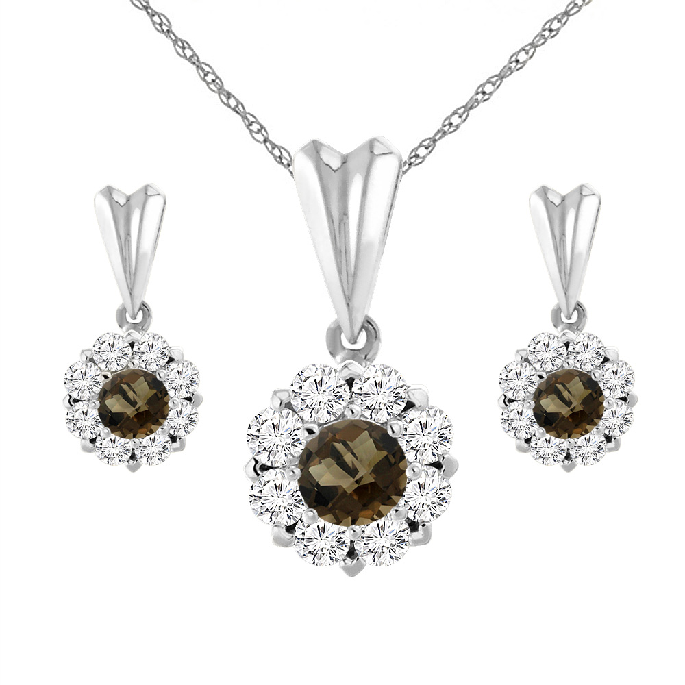 14K White Gold Natural Smoky Topaz Earrings and Pendant Set with Diamond Halo Round 4 mm