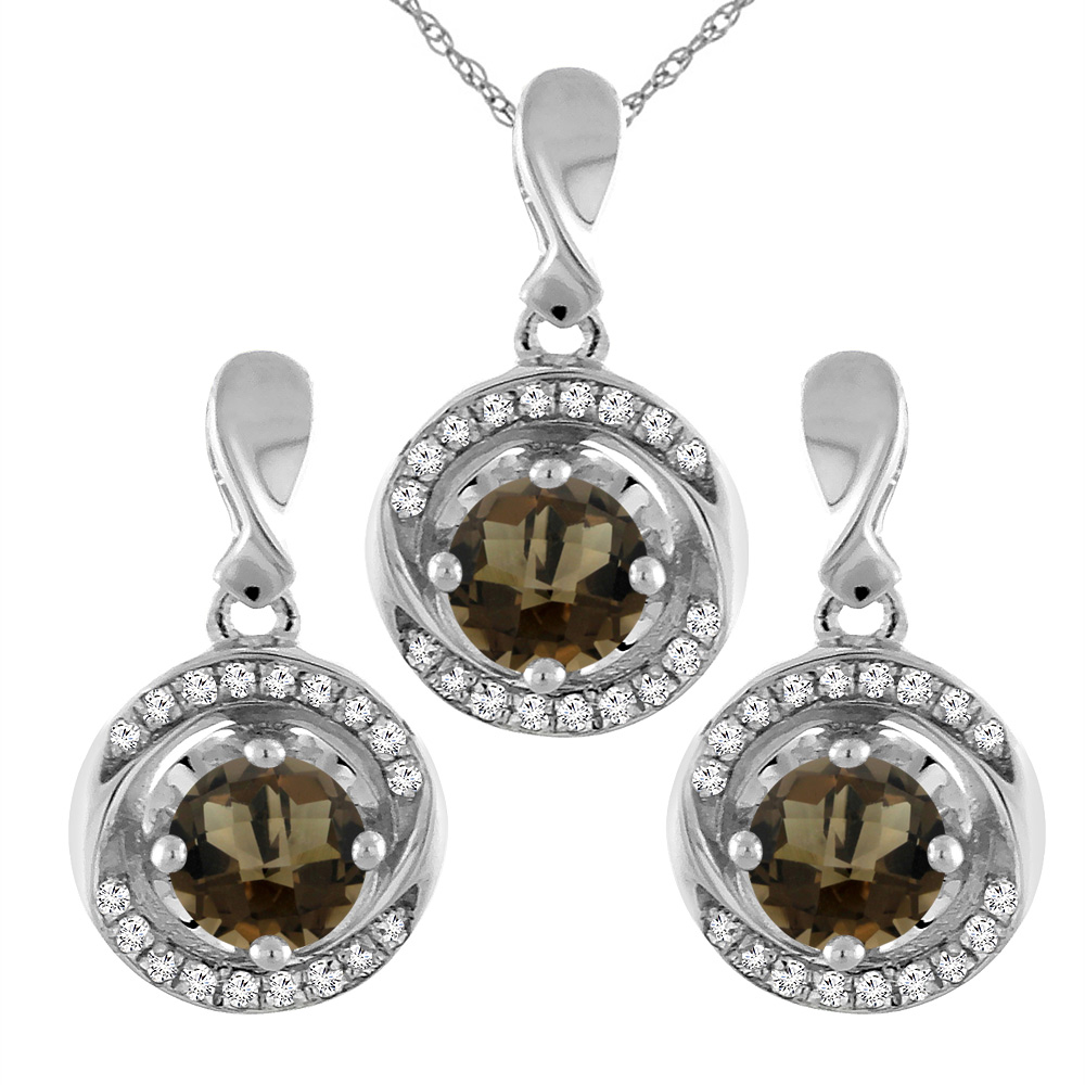 14K White Gold Natural Smoky Topaz Earrings and Pendant Set with Diamond Accents Round 4 mm