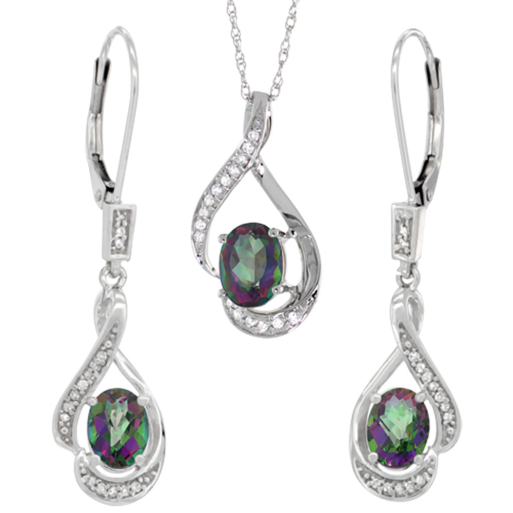 14K White Gold Diamond Natural Mystic Topaz Lever Back Earrings & Necklace Set Oval 7x5mm, 18 inch long