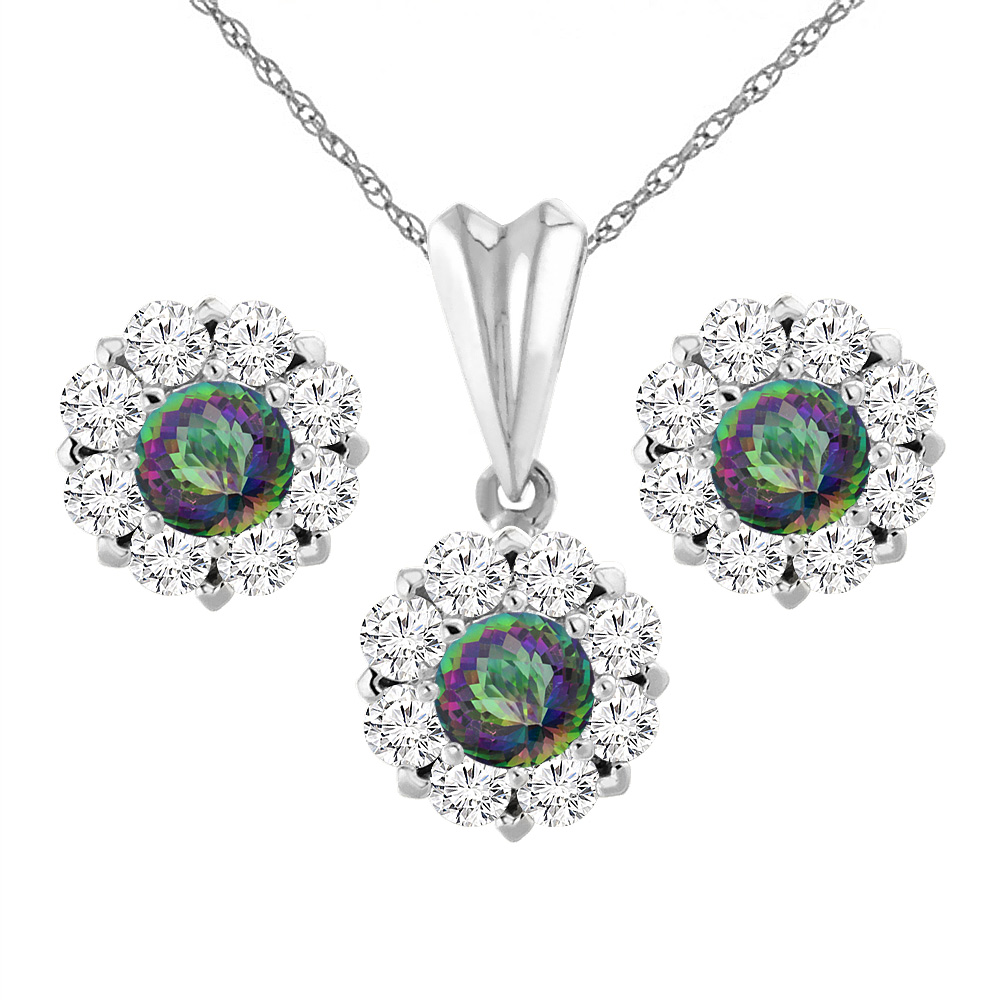 14K White Gold Natural Mystic Topaz Earrings and Pendant Set with Diamond Halo Round 6 mm