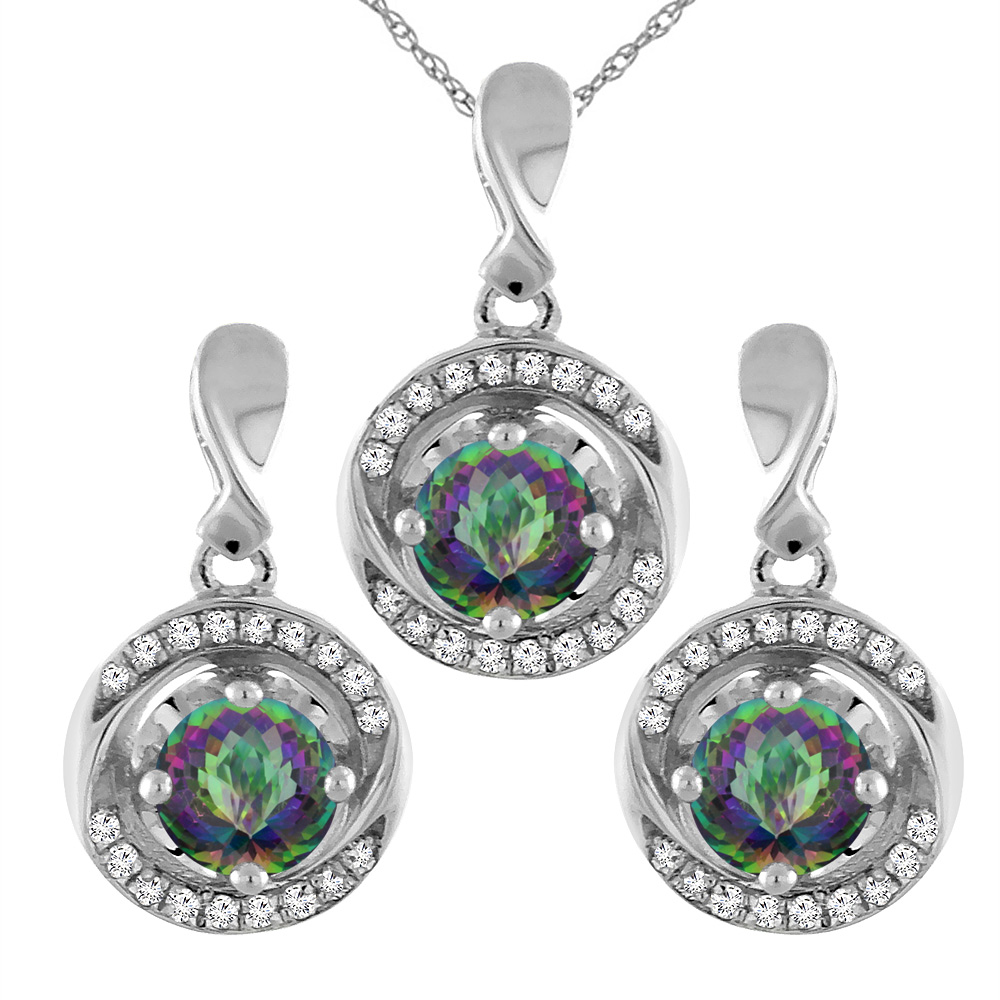 14K White Gold Natural Mystic Topaz Earrings and Pendant Set with Diamond Accents Round 4 mm