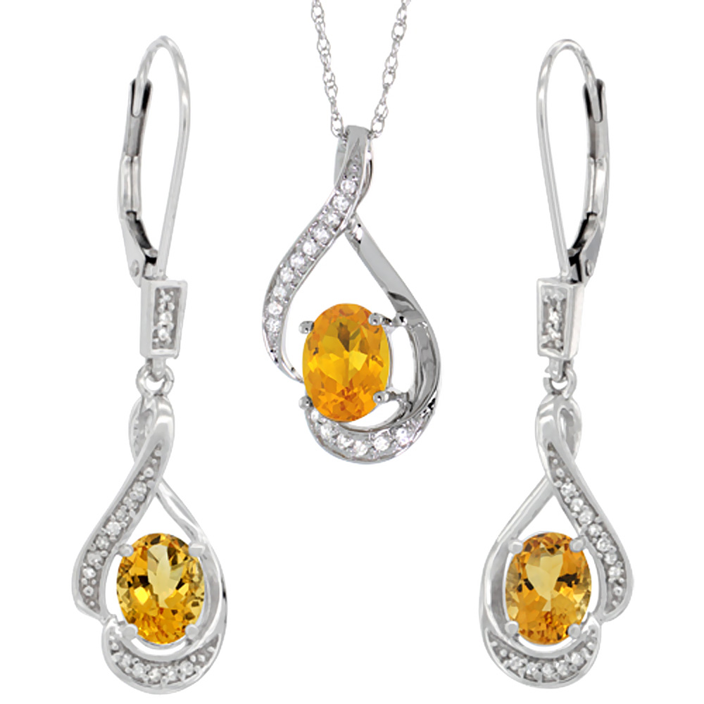 14K White Gold Diamond Natural Citrine Lever Back Earrings & Necklace Set Oval 7x5mm, 18 inch long
