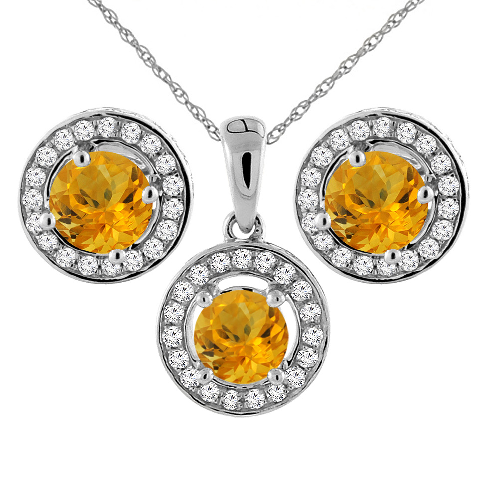 14K White Gold Natural Citrine Earrings and Pendant Set with Diamond Halo Round 5 mm