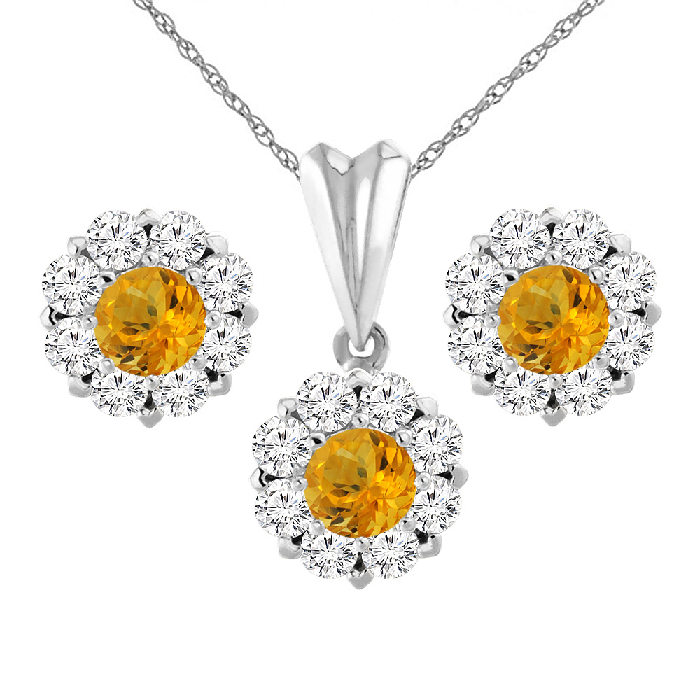 14K White Gold Natural Citrine Earrings and Pendant Set with Diamond Halo Round 6 mm