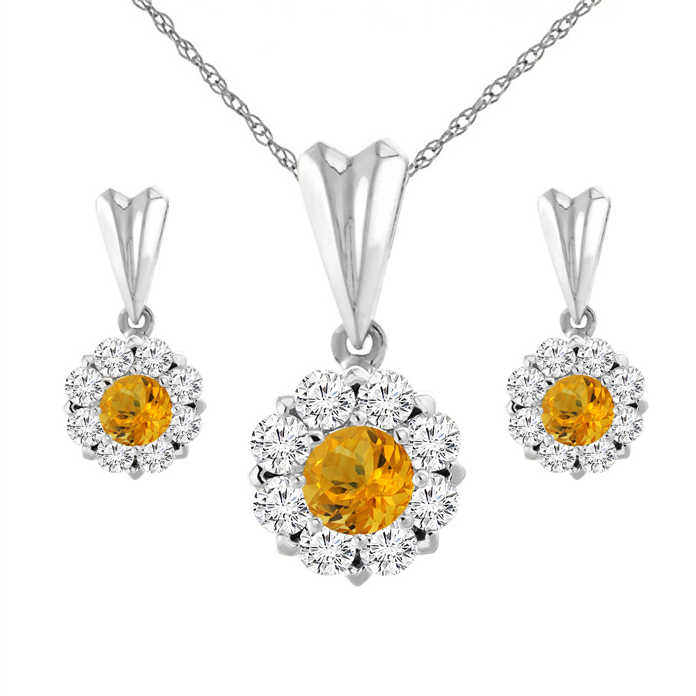 14K White Gold Natural Citrine Earrings and Pendant Set with Diamond Halo Round 4 mm