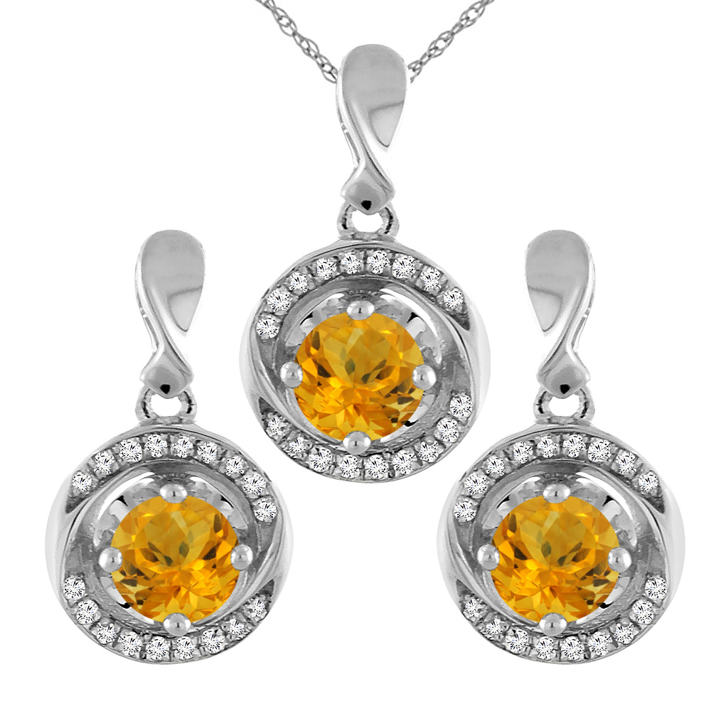 14K White Gold Natural Citrine Earrings and Pendant Set with Diamond Accents Round 4 mm