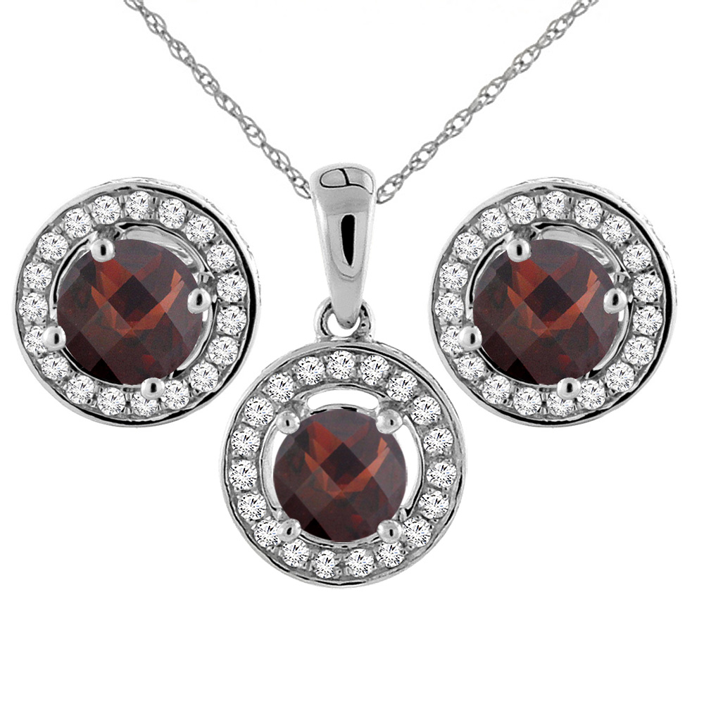 14K White Gold Natural Garnet Earrings and Pendant Set with Diamond Halo Round 5 mm