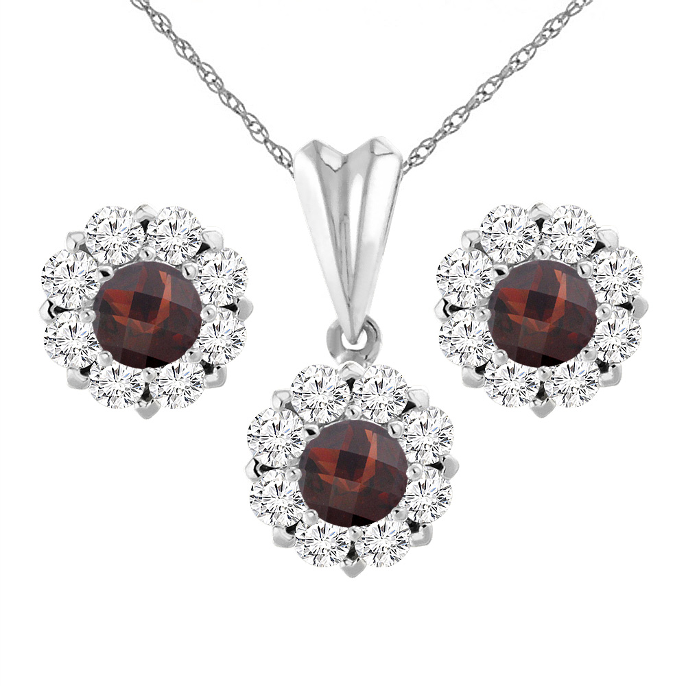14K White Gold Natural Garnet Earrings and Pendant Set with Diamond Halo Round 6 mm