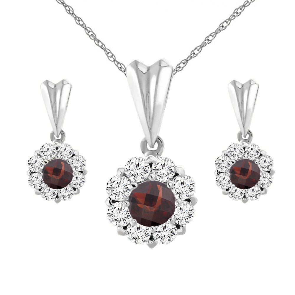 14K White Gold Natural Garnet Earrings and Pendant Set with Diamond Halo Round 4 mm