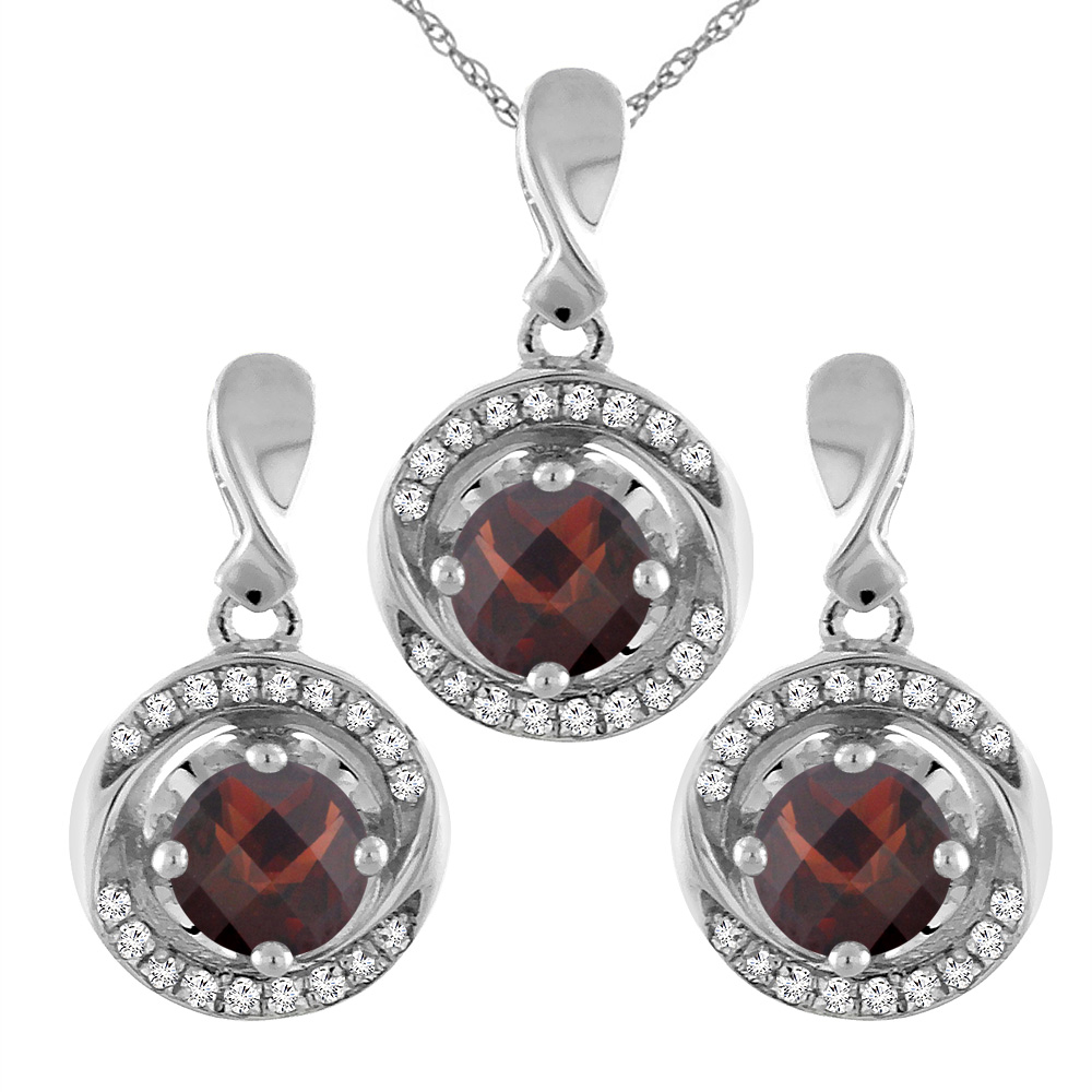14K White Gold Natural Garnet Earrings and Pendant Set with Diamond Accents Round 4 mm